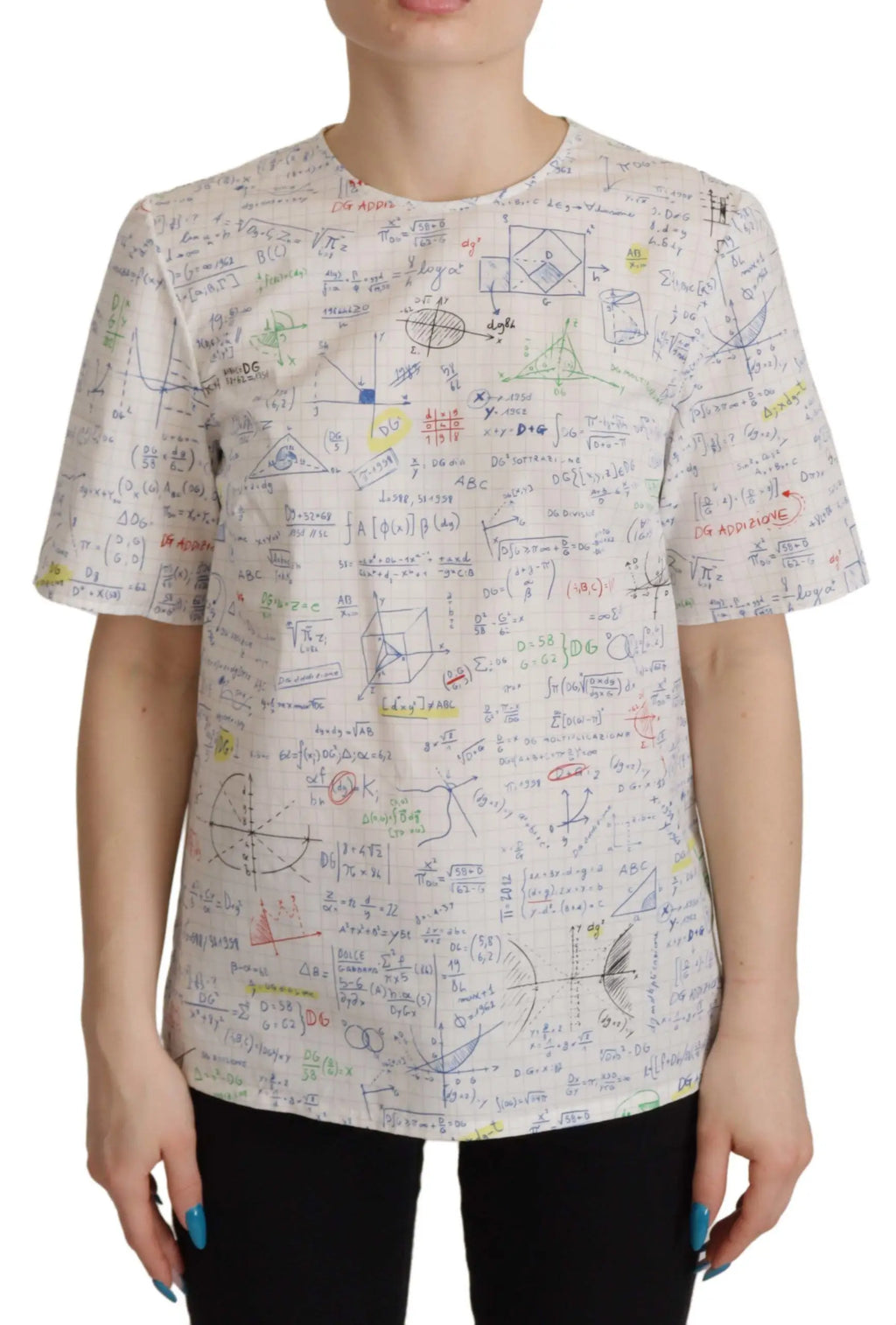 Dolce & gabbana t-shirt blanc en coton manches courtes avec imprimé coloré d’équations mathématiques et diagrammes géométriques
