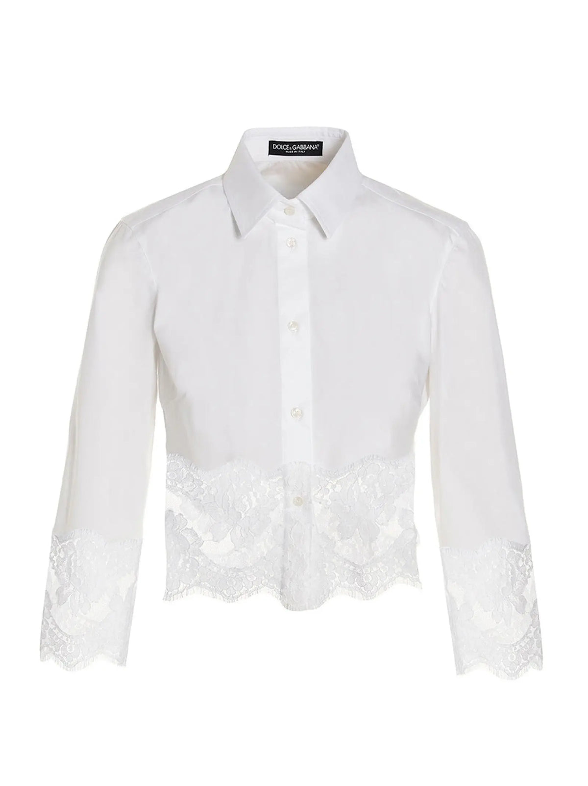Blouse blanche dolce & gabbana en coton avec détails délicats en dentelle au bord et aux poignets