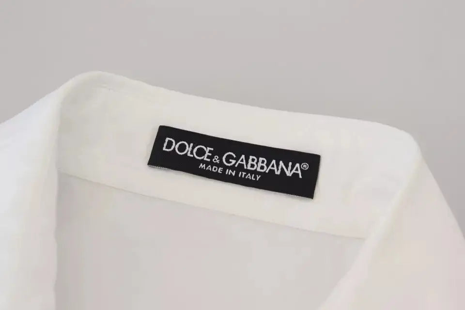 Étiquette blanche dolce gabbana en coton avec logo noir et texte made in italy pour chemise à manches courtes boutons