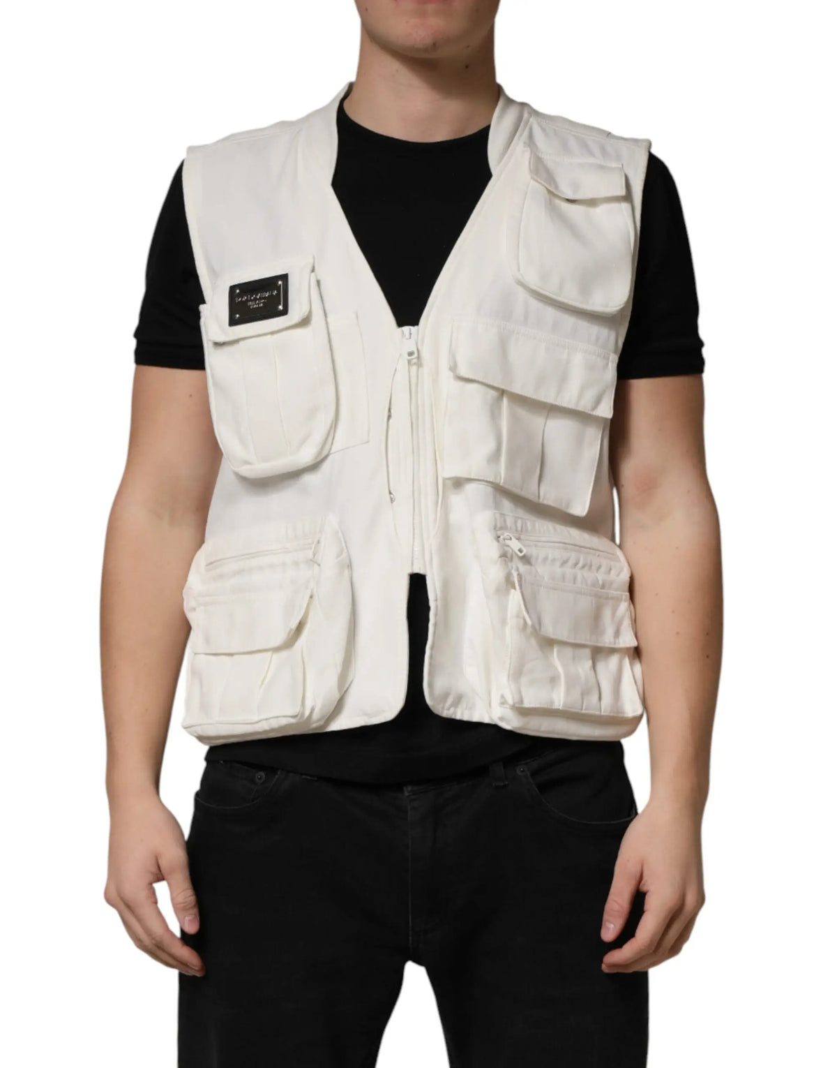 Gilet utilitaire blanc dolce & gabbana en coton avec multiples poches et patch de marque noir sur la poitrine