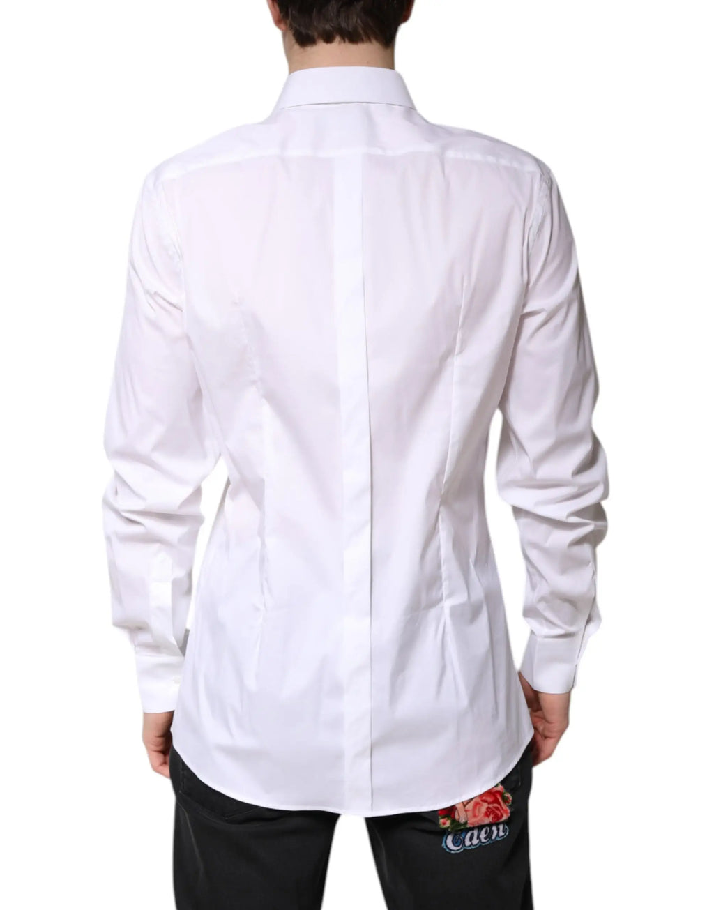Chemise formelle blanche en coton dolce & gabbana vue de dos avec couture centrale et broderie florale au bas