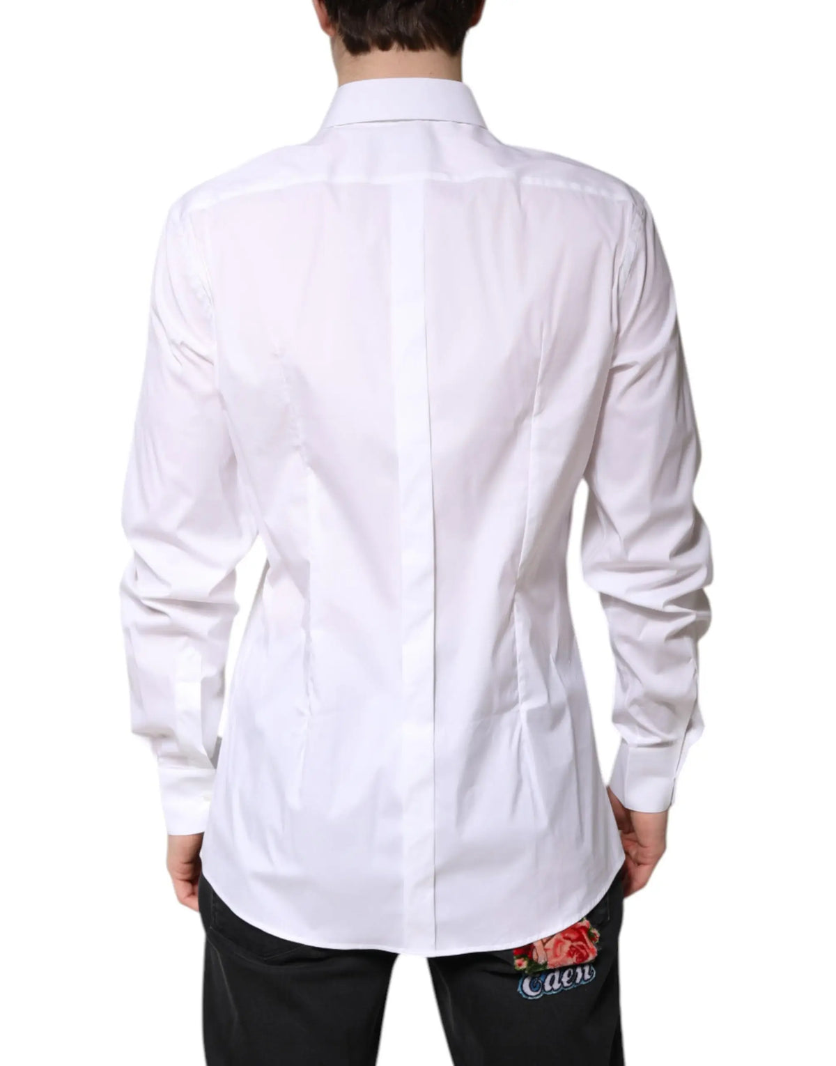Chemise formelle blanche en coton dolce & gabbana vue de dos avec couture centrale et broderie florale au bas
