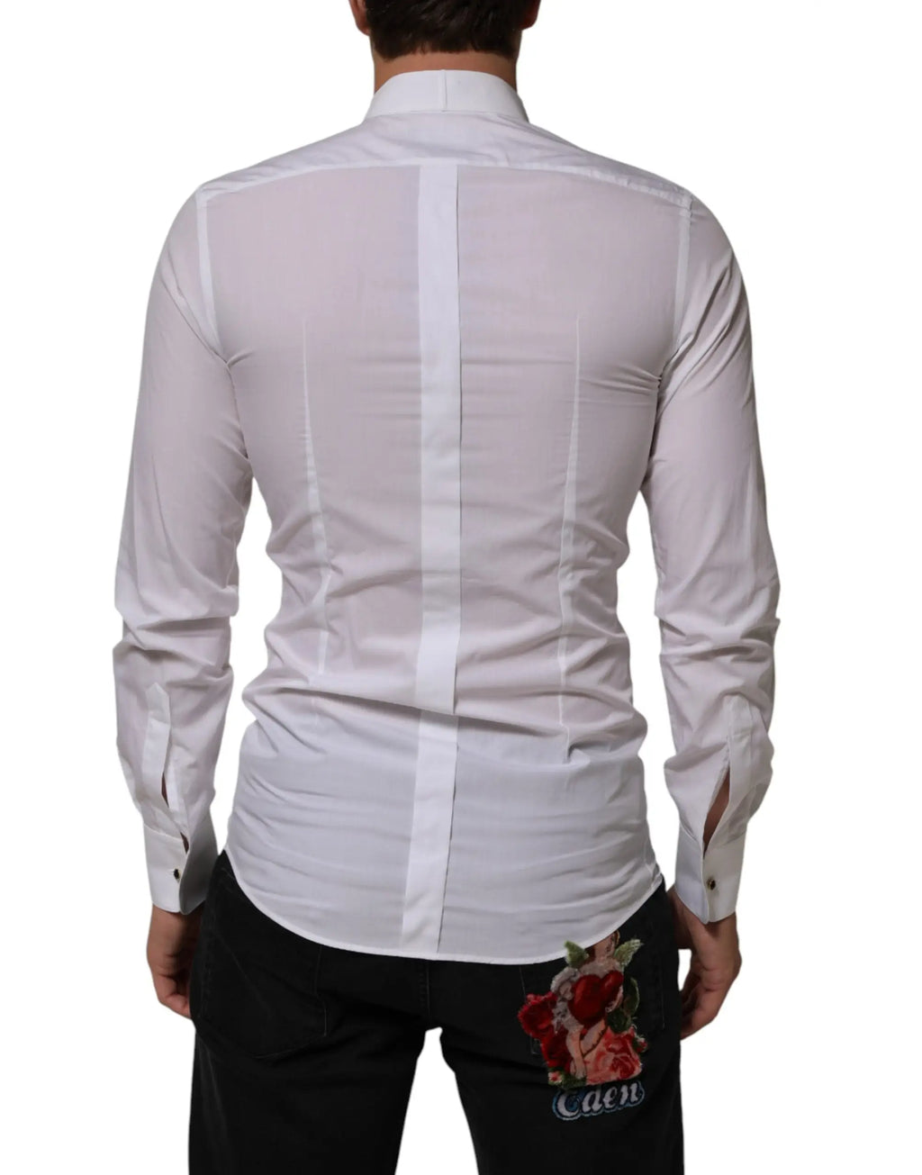 Chemise blanche dolce & gabbana pour homme en coton avec col, manches longues, couture centrale et broderie rose au dos