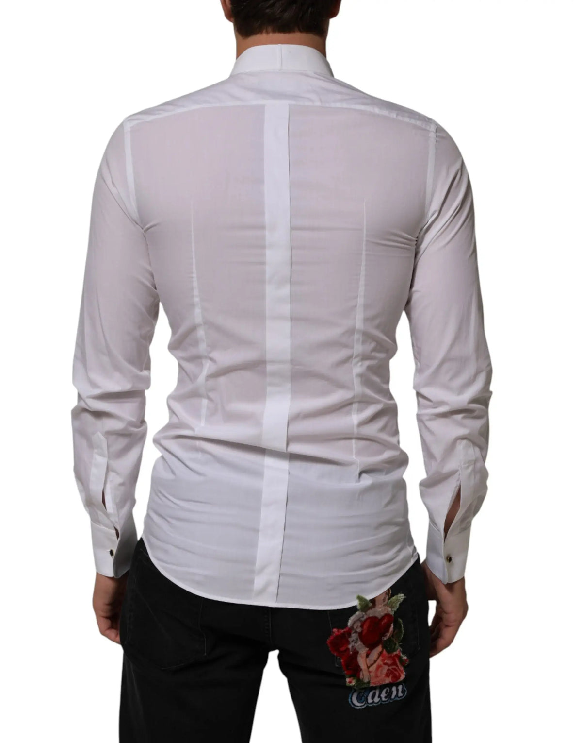 Chemise blanche dolce & gabbana pour homme en coton avec col, manches longues, couture centrale et broderie rose au dos