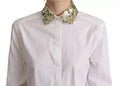 Chemise blanche en coton dolce & gabbana à manches longues avec col orné de sequins dorés scintillants