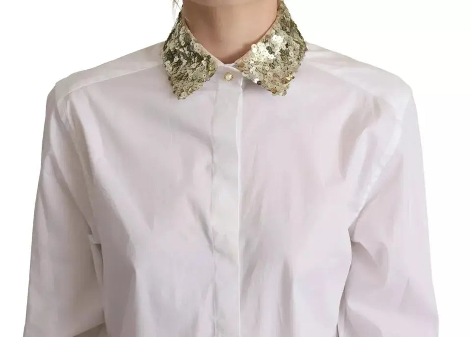 Chemise blanche en coton dolce & gabbana à manches longues avec col orné de sequins dorés scintillants