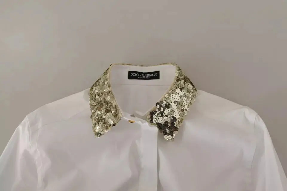 Blouse blanche dolce & gabbana en coton à manches longues avec col orné de sequins argentés et dorés scintillants