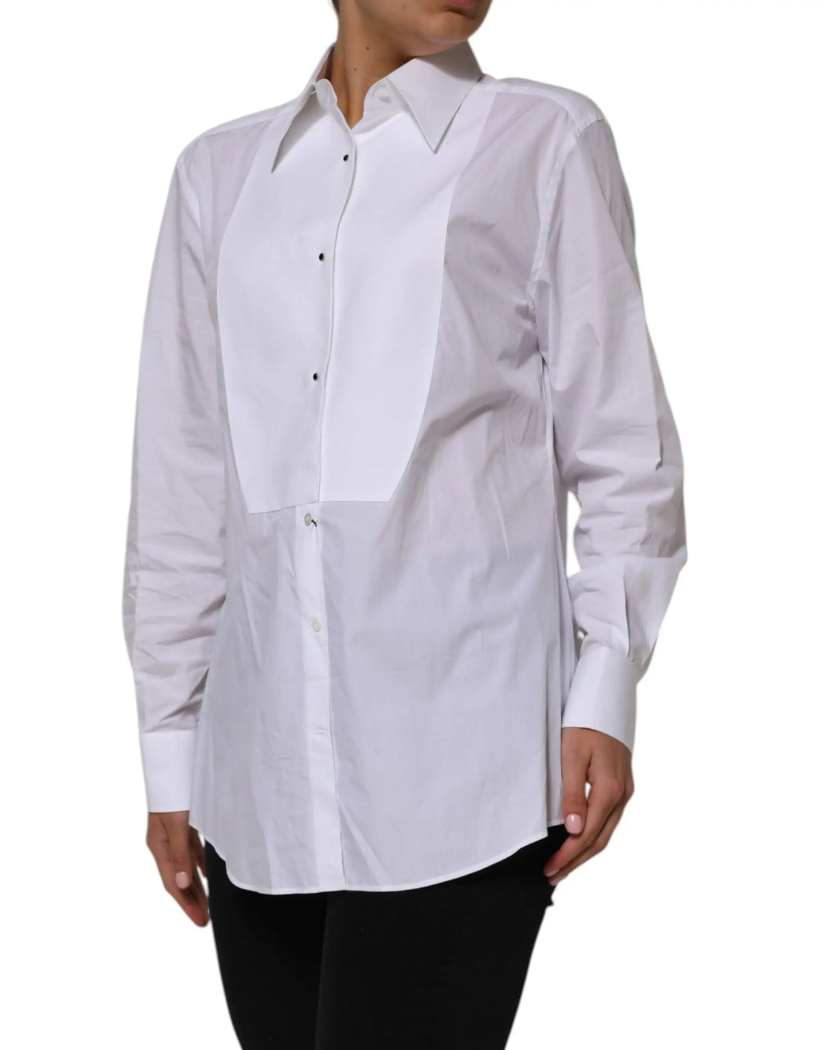 Chemise blanche dolce & gabbana en coton avec manches longues et panneau contrastant col classique