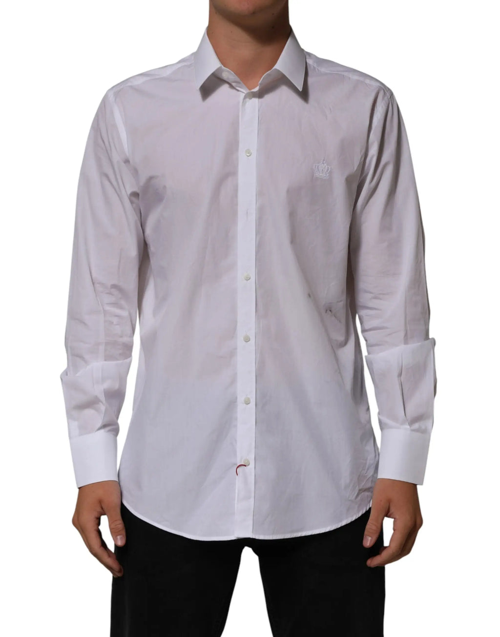 Chemise habillée blanche pour hommes dolce & gabbana en coton avec col et logo couronne brodé subtil sur la poitrine gauche