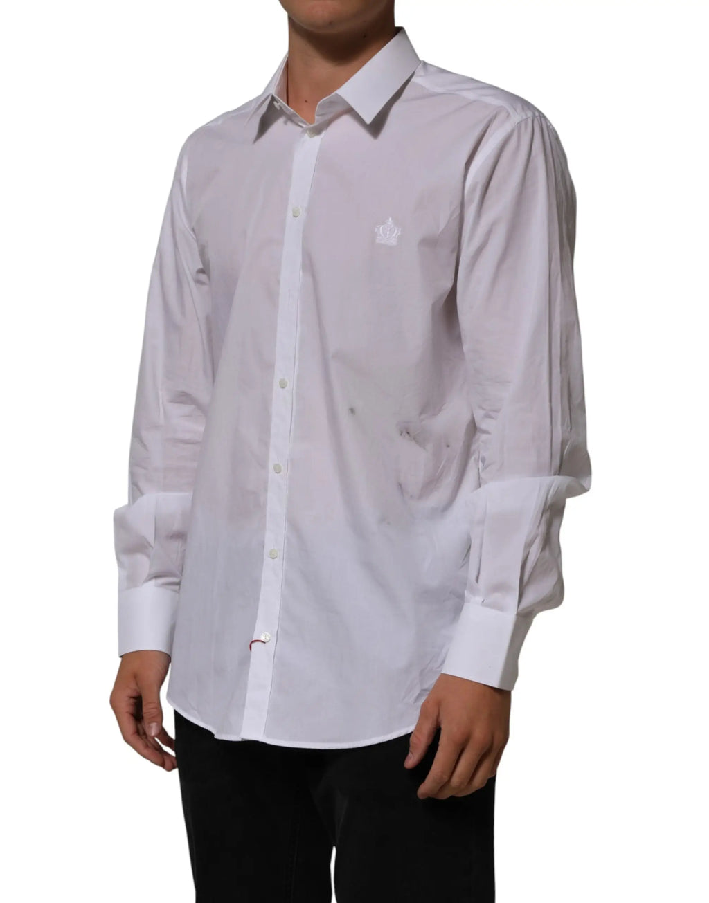 Chemise blanche dolce gabbana en coton à manches longues avec col et couronne brodée subtile sur la poitrine