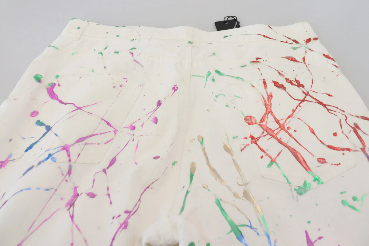 Dolce & gabbana pantalon en denim blanc coton avec éclaboussures de peinture multicolores rouge vert bleu et violet