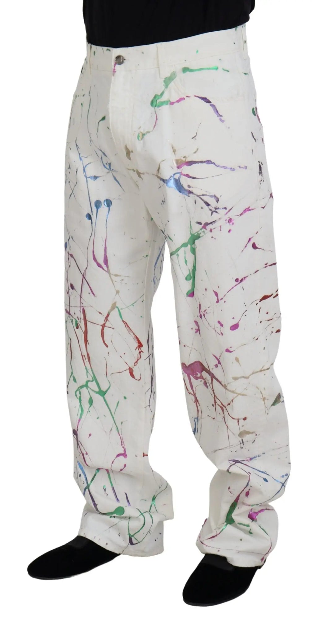 Pantalon en denim blanc dolce & gabbana en coton avec imprimé éclaboussures de peinture colorées