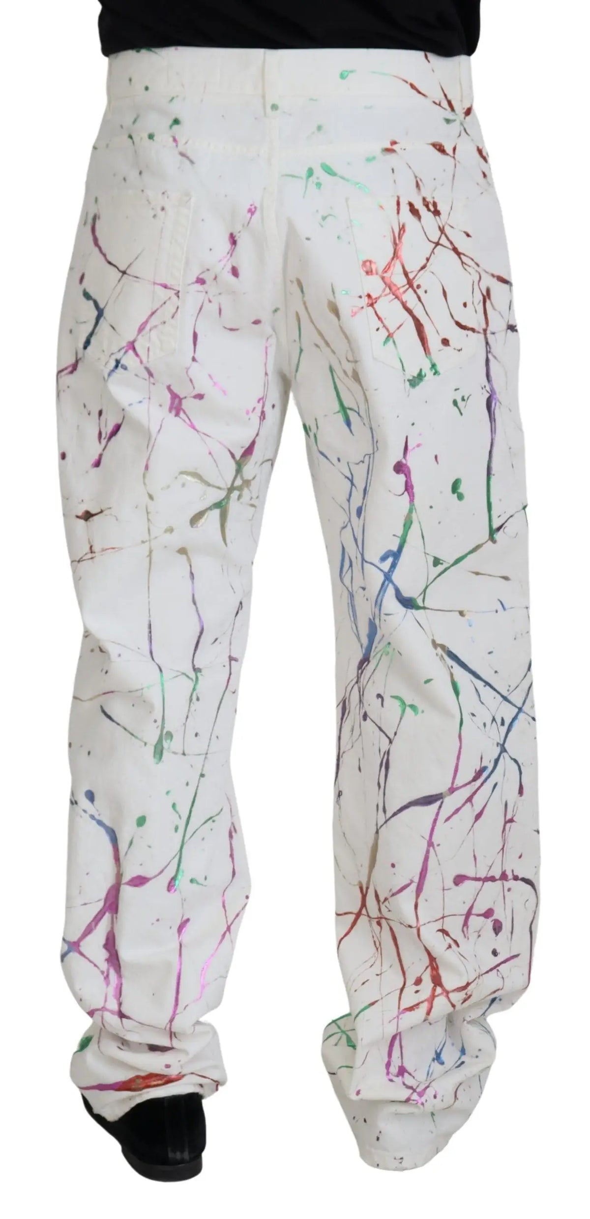 Pantalon en denim blanc dolce & gabbana en coton avec taches de peinture colorées abstraites rouges bleues vertes et violettes
