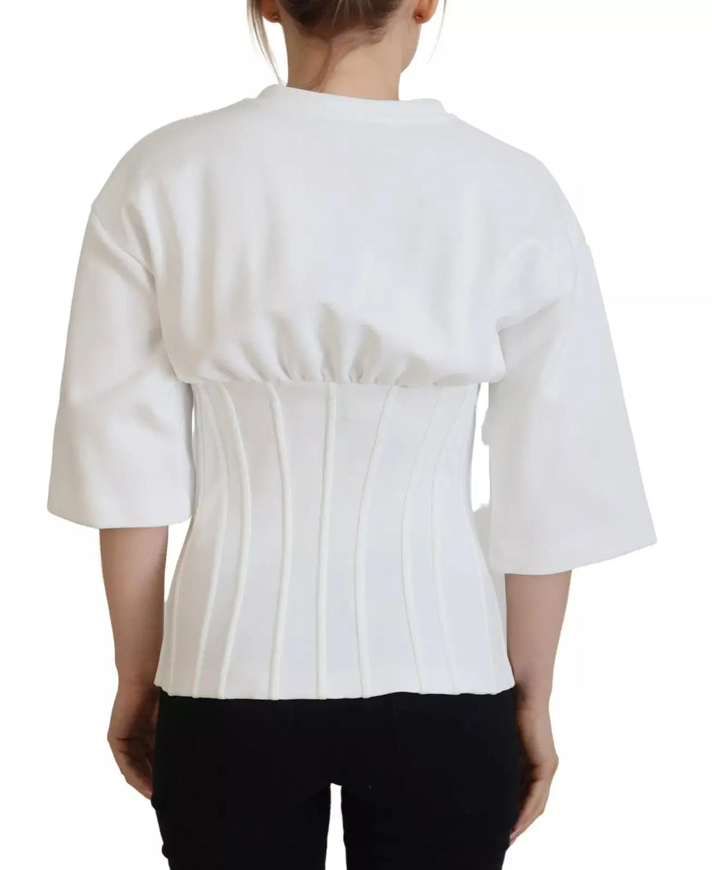 Pull blanc court dolce & gabbana en coton avec corset stretch et plissé vertical pour femme