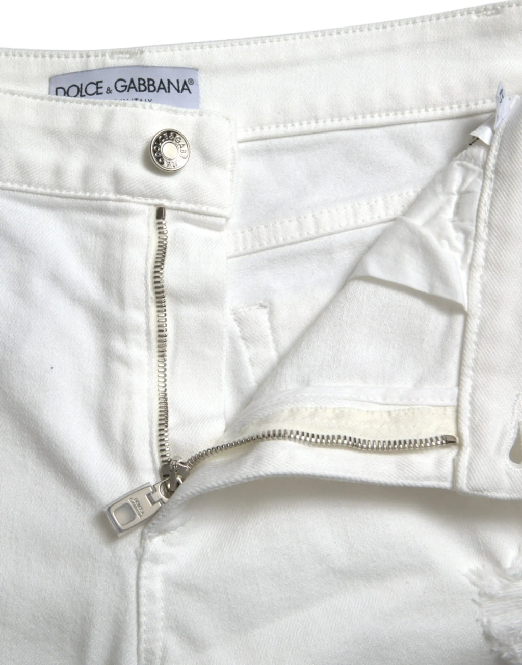 Jean blanc en denim coton dolce gabbana cropped large avec fermeture éclair et bouton argentés