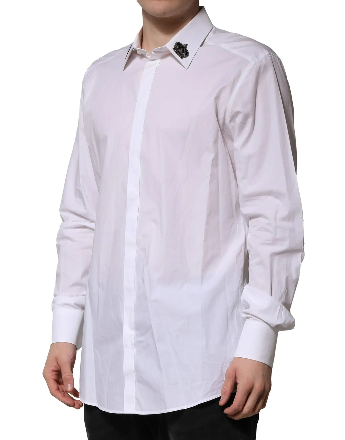 Chemise formelle dolce & gabbana blanche en coton avec col couronné et broderie florale noire sur le col