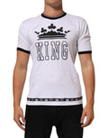 T-shirt blanc dolce & gabbana en coton avec manches courtes et bord noir, broderie roi et couronne noire