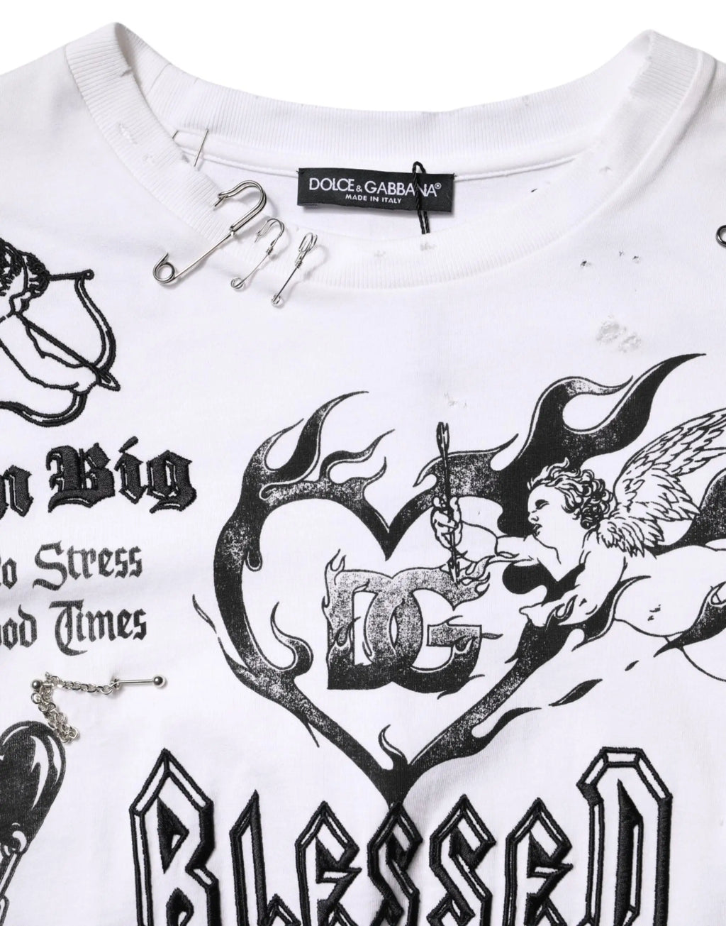 T-shirt blanc dolce & gabbana en coton avec impression graphique noire ange flammes et texte blessed