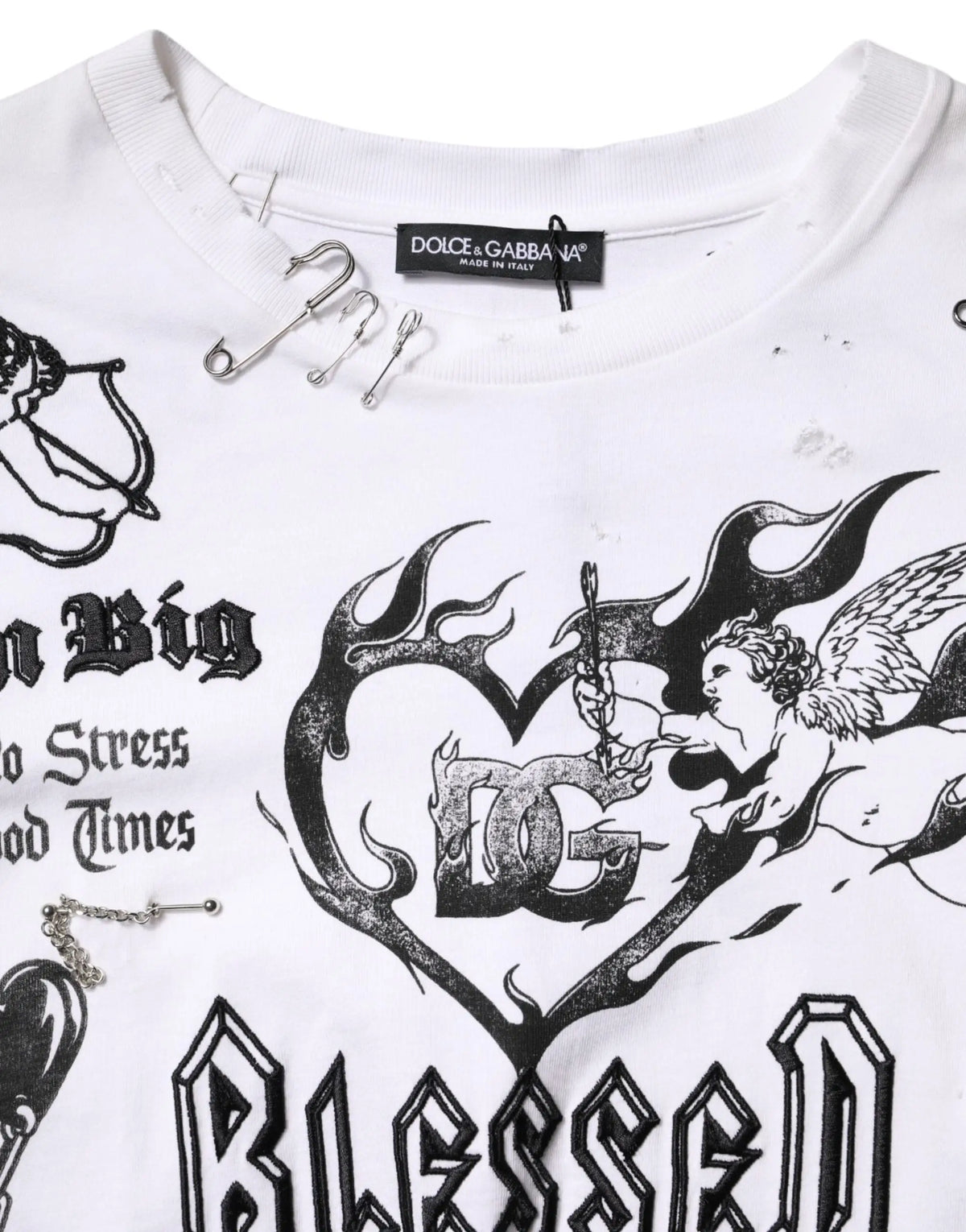 T-shirt blanc dolce & gabbana en coton avec impression graphique noire ange flammes et texte blessed