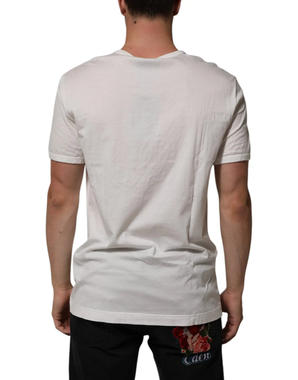 T-shirt homme blanc en coton dolce & gabbana avec design rose brodée discrète sur le côté inférieur gauche