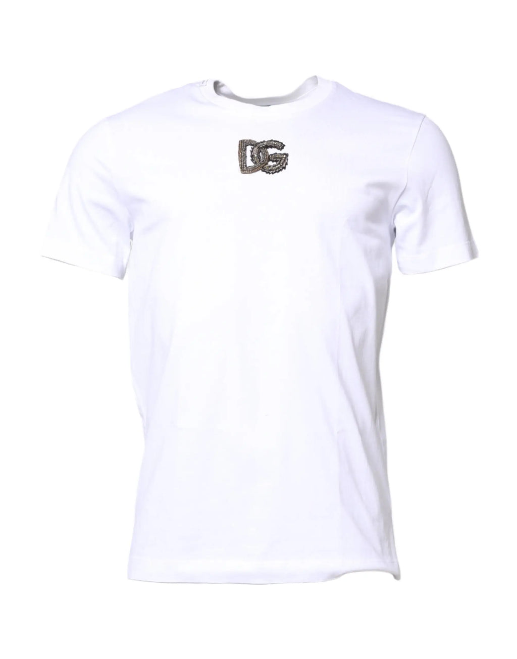 T-shirt blanc en coton dolce gabbana avec logo dg argenté brodé scintillant sur la poitrine