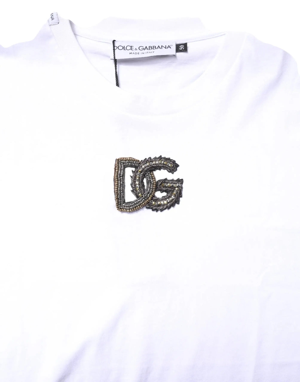 T-shirt dolce gabbana blanc en coton avec logo dg métallique brodé en perles sur la poitrine