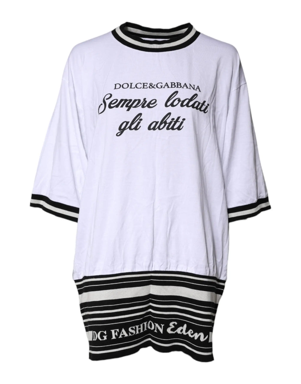 T shirt blanc dolce & gabbana en coton avec logo noir et accents rayés oversized col rond manches et ourlet