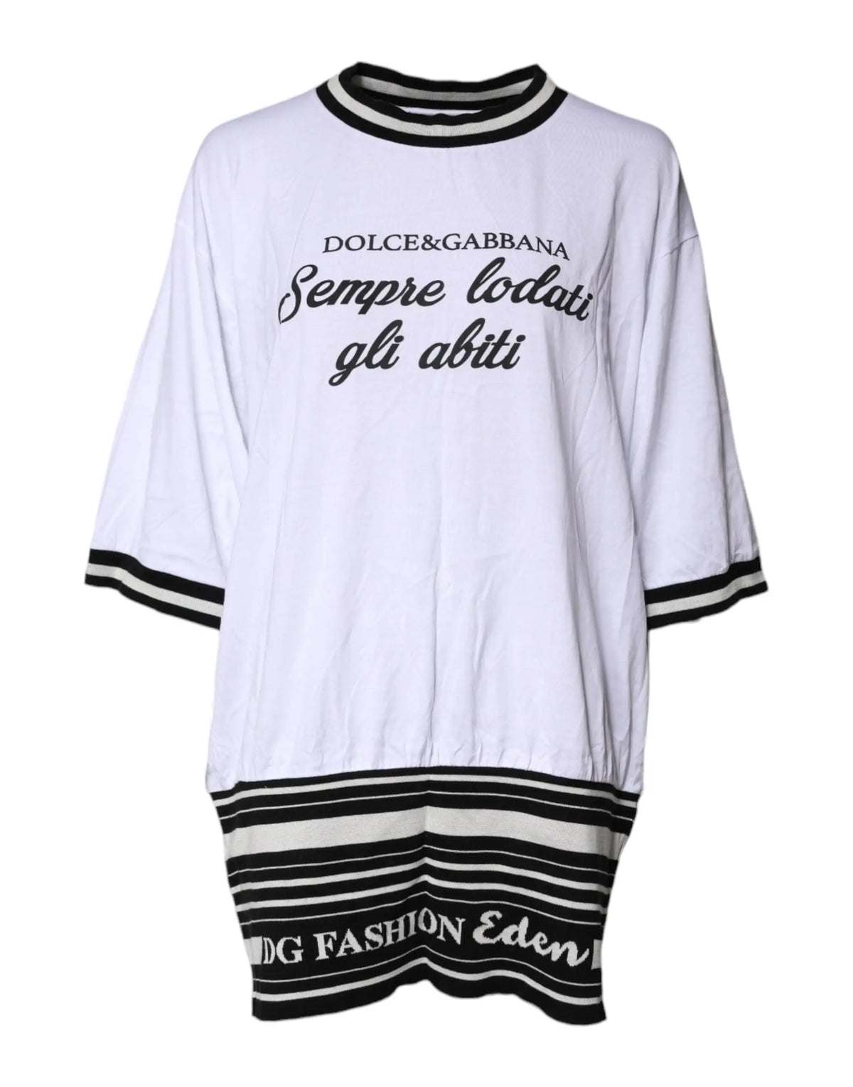 T-shirt dolce & gabbana blanc oversize en coton avec lettres noires et accents rayés au col manches et ourlet