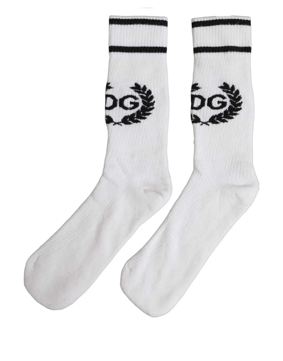 Chaussettes blanches en coton dolce et gabbana mi-mollet avec bordures côtelées noires et logo dg brodé