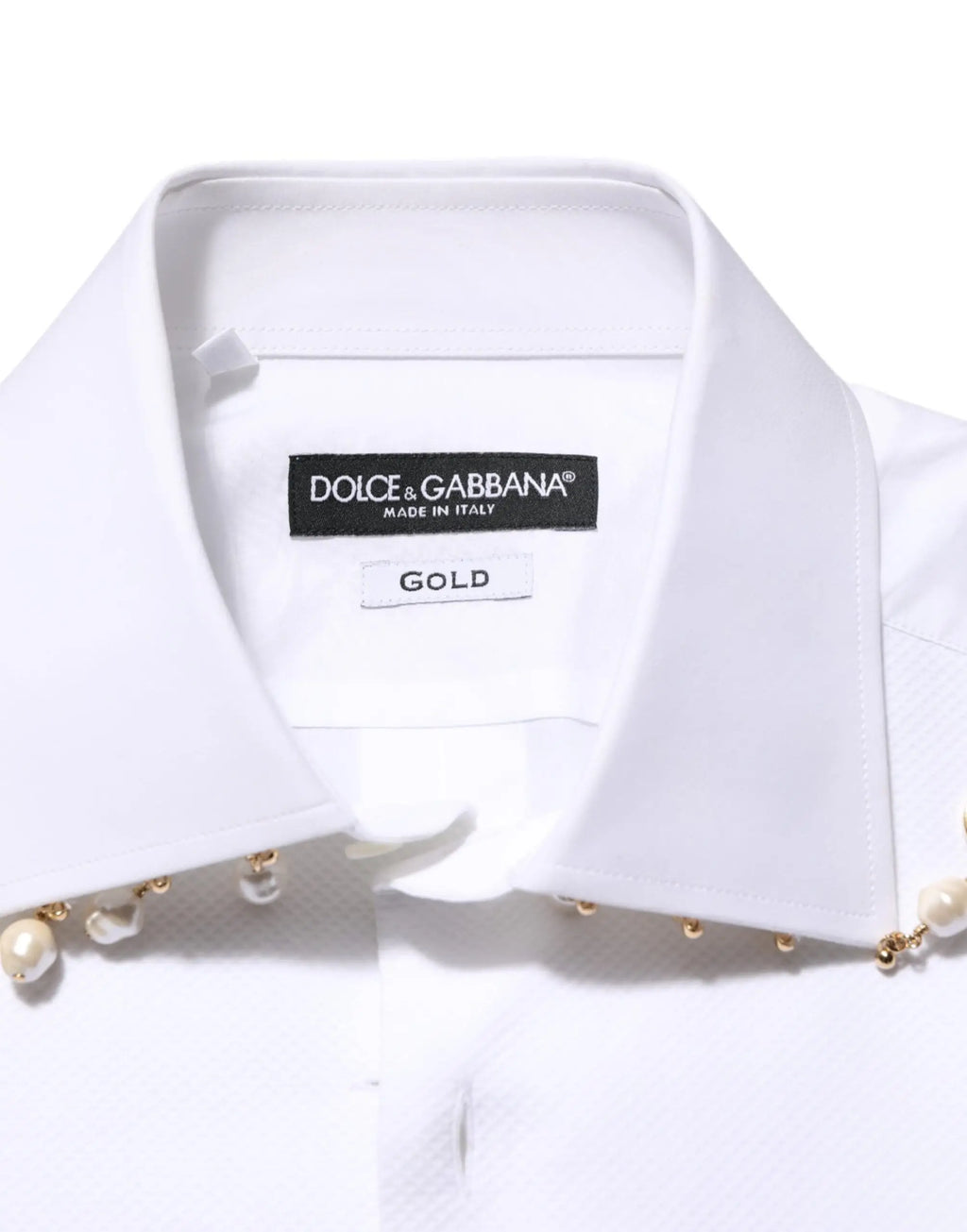Chemise formelle blanche dolce & gabbana en coton avec logo dg et perles dorées sur le col