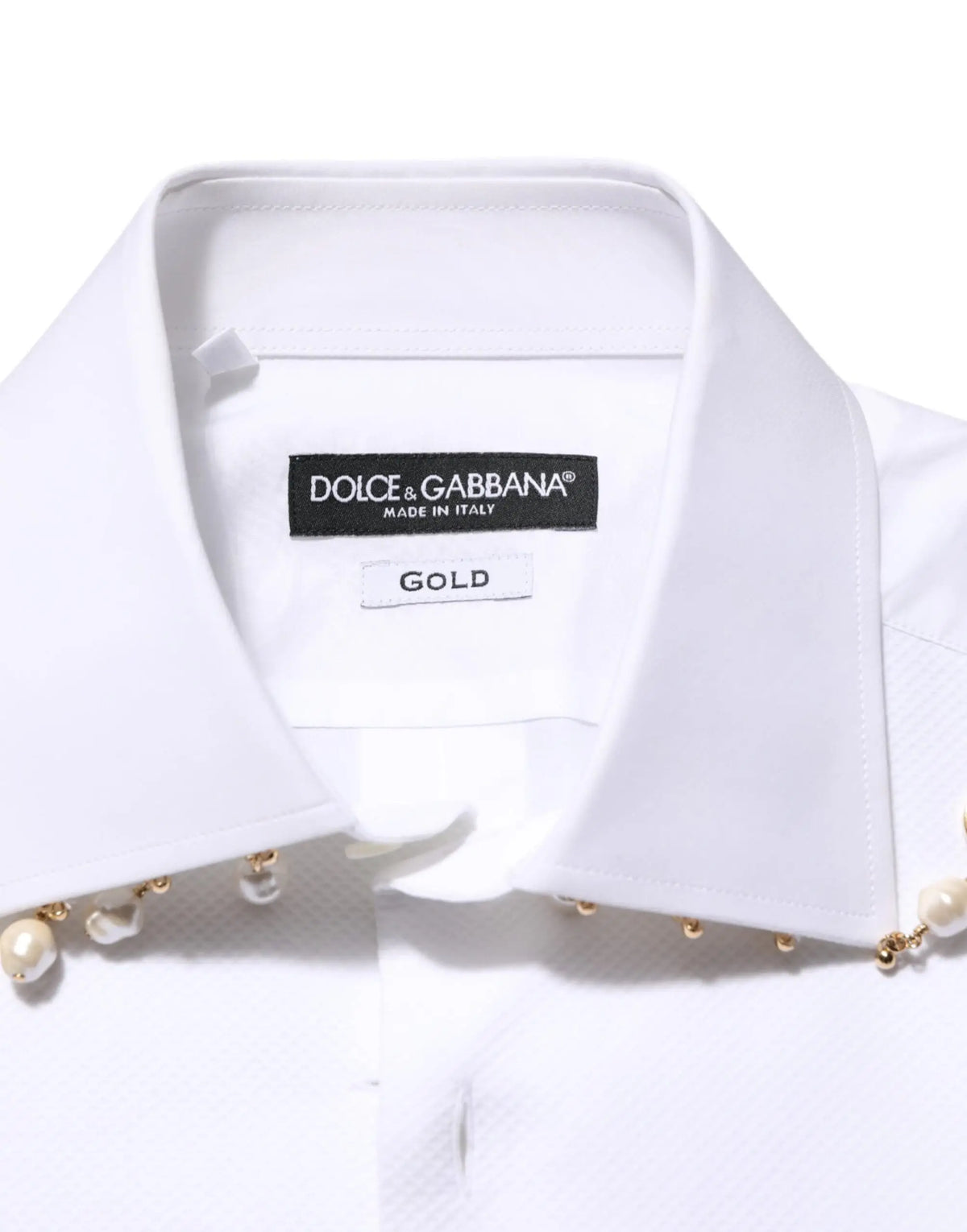 Chemise formelle blanche dolce & gabbana en coton avec logo dg et perles dorées sur le col