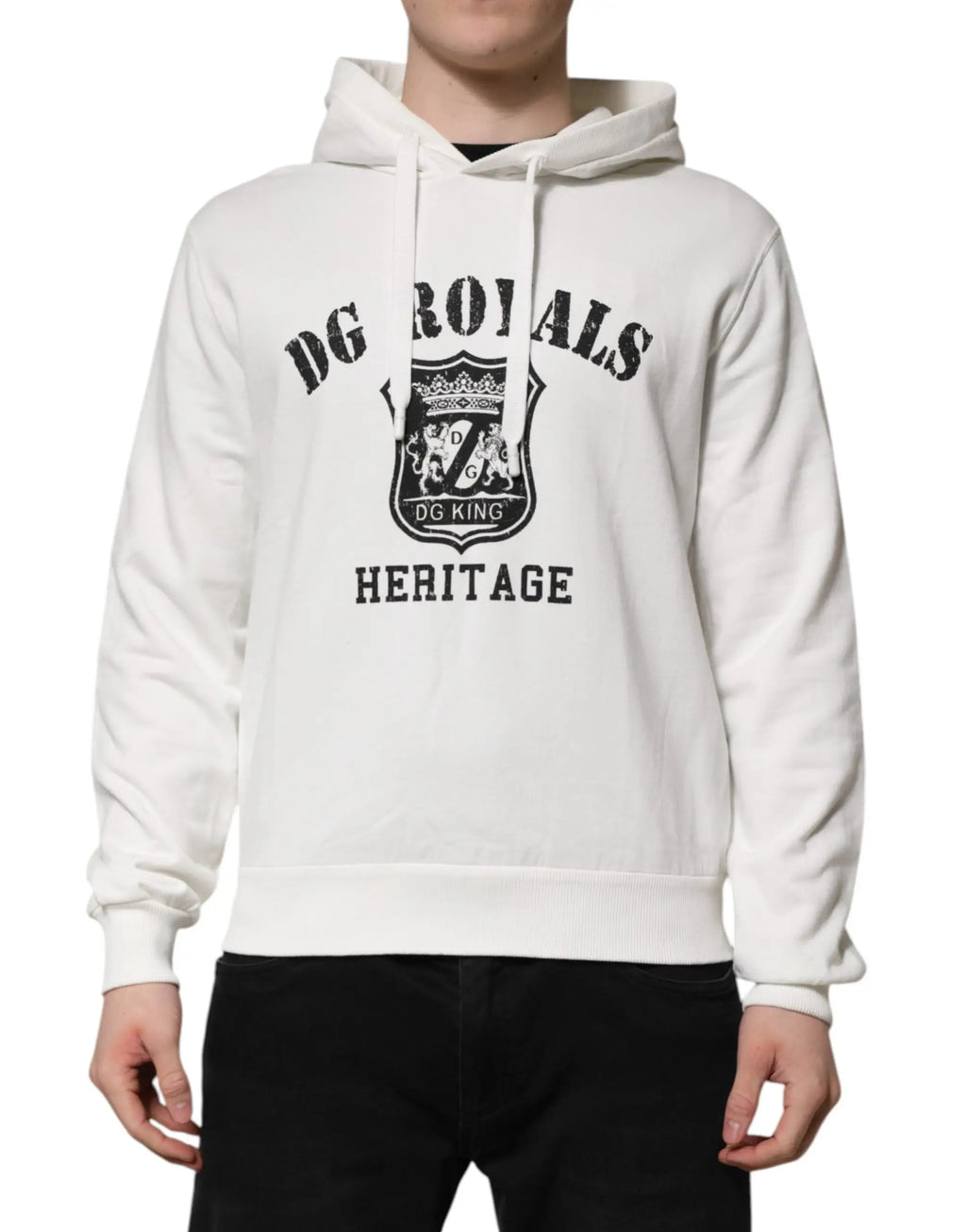 Dolce & gabbana sweat à capuche blanc en coton avec imprimé dg royals et écusson lions sur le devant