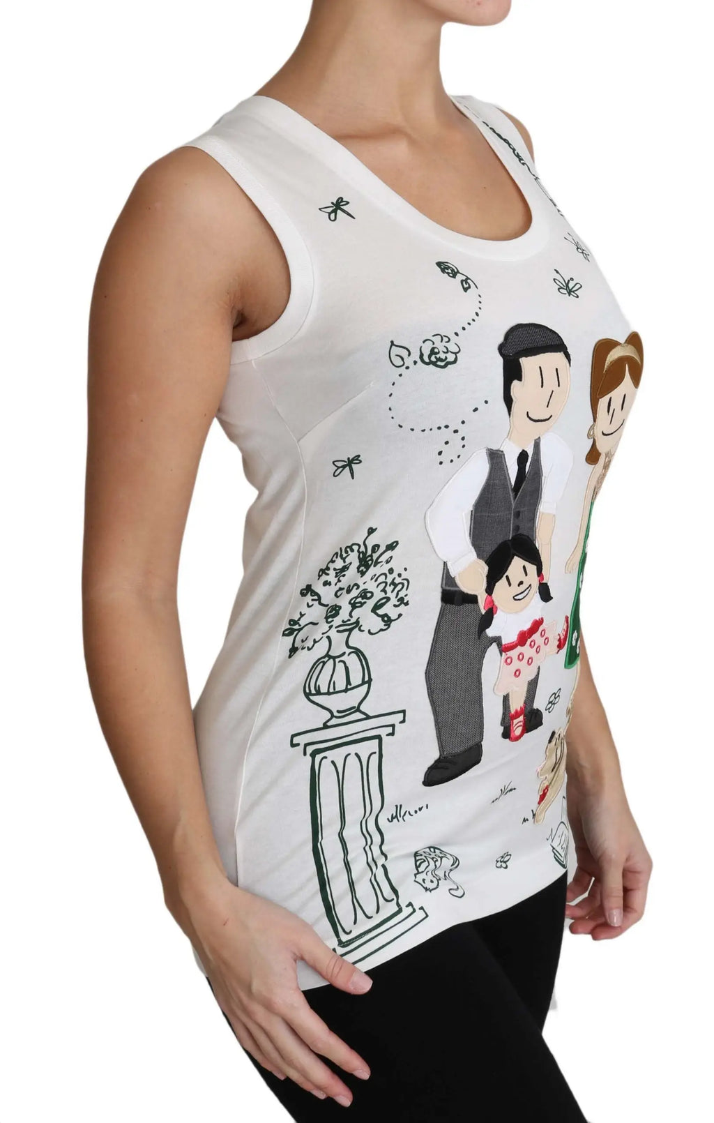 Débardeur blanc dolce & gabbana en coton avec dessin familial cartoon et détails floraux en ligne noire