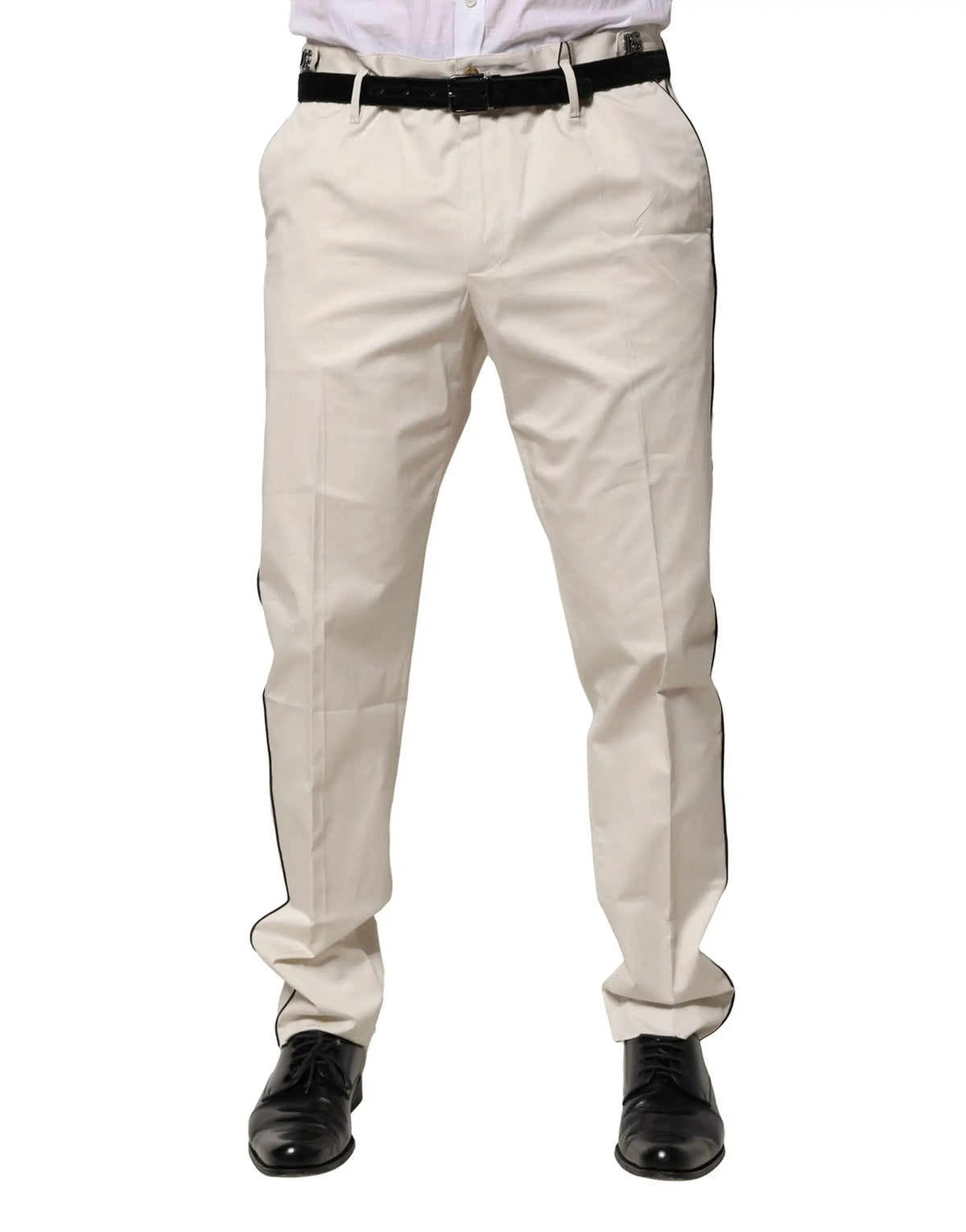Pantalon formel slim blanc en coton dolce gabbana avec rayures noires latérales et ceinture assortie beige