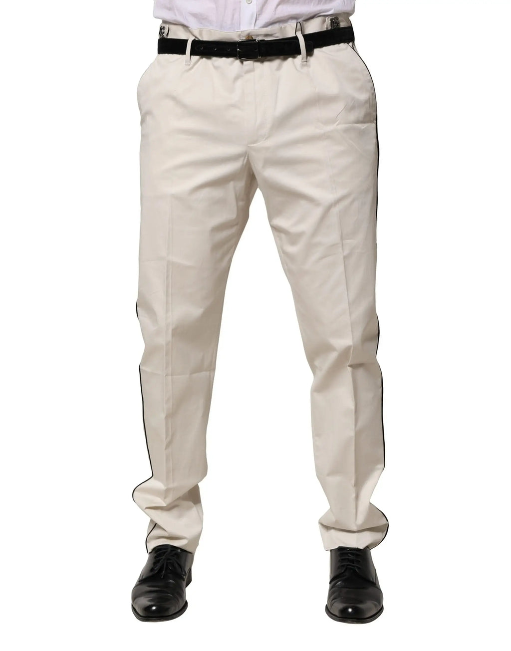 Pantalon habillé slim en coton blanc dolce gabbana avec bandes latérales noires et ceinture assortie beige
