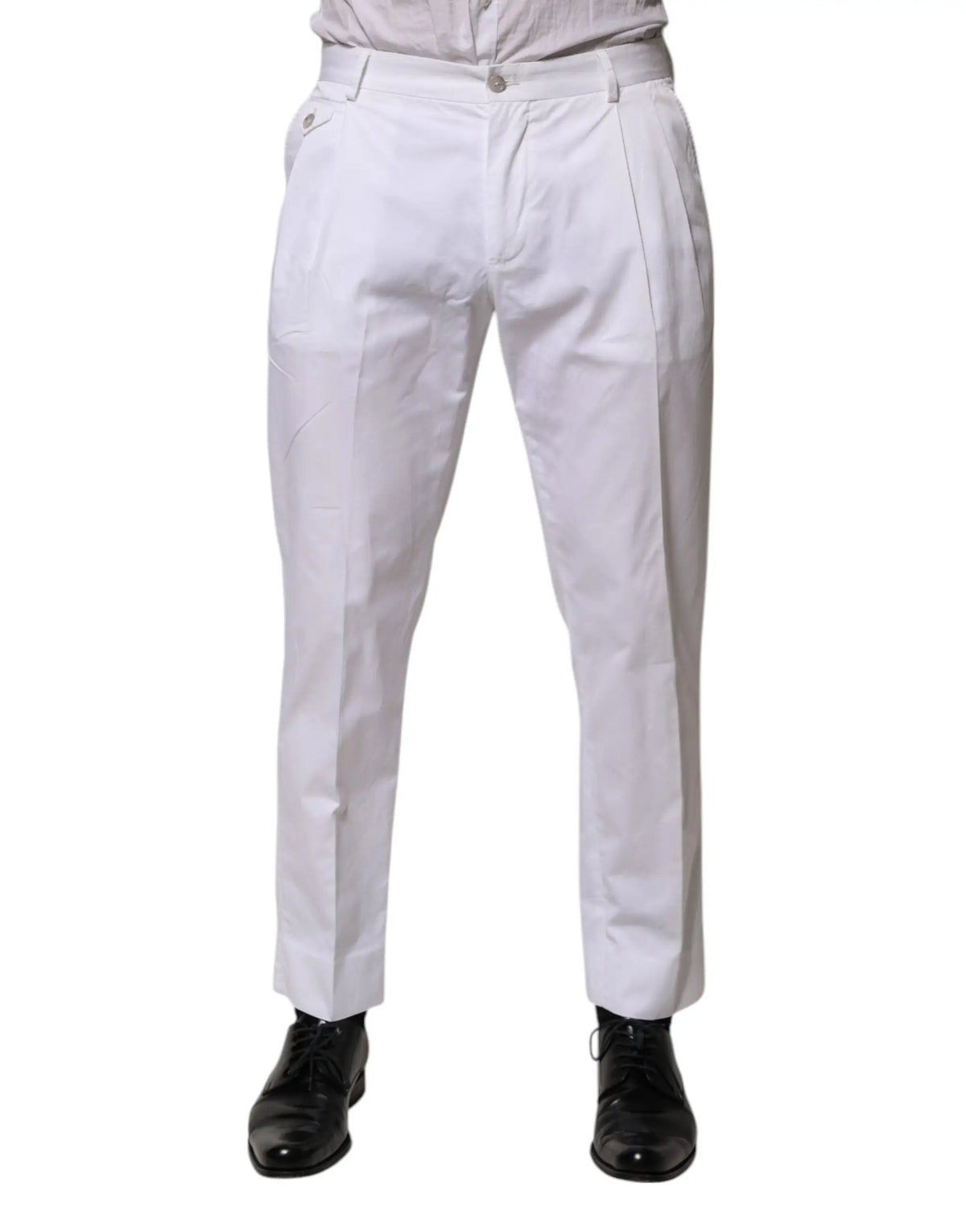 Pantalon slim blanc en coton dolce & gabbana avec plis, bouton et passants pour ceinture pour tenue formelle