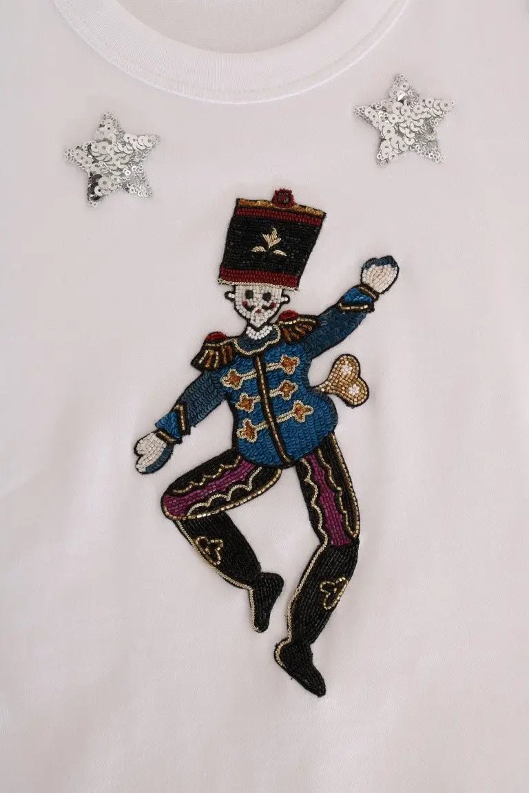 T-shirt blanc dolce & gabbana en coton avec patch brodé de soldat jouet et étoiles à sequins détaillés