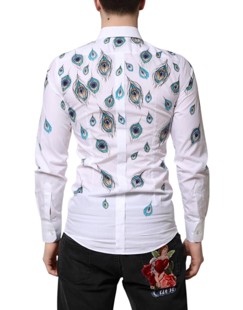 Chemise blanche en coton dolce gabbana à manches longues avec motif plume de paon bleu et sarcelle vif