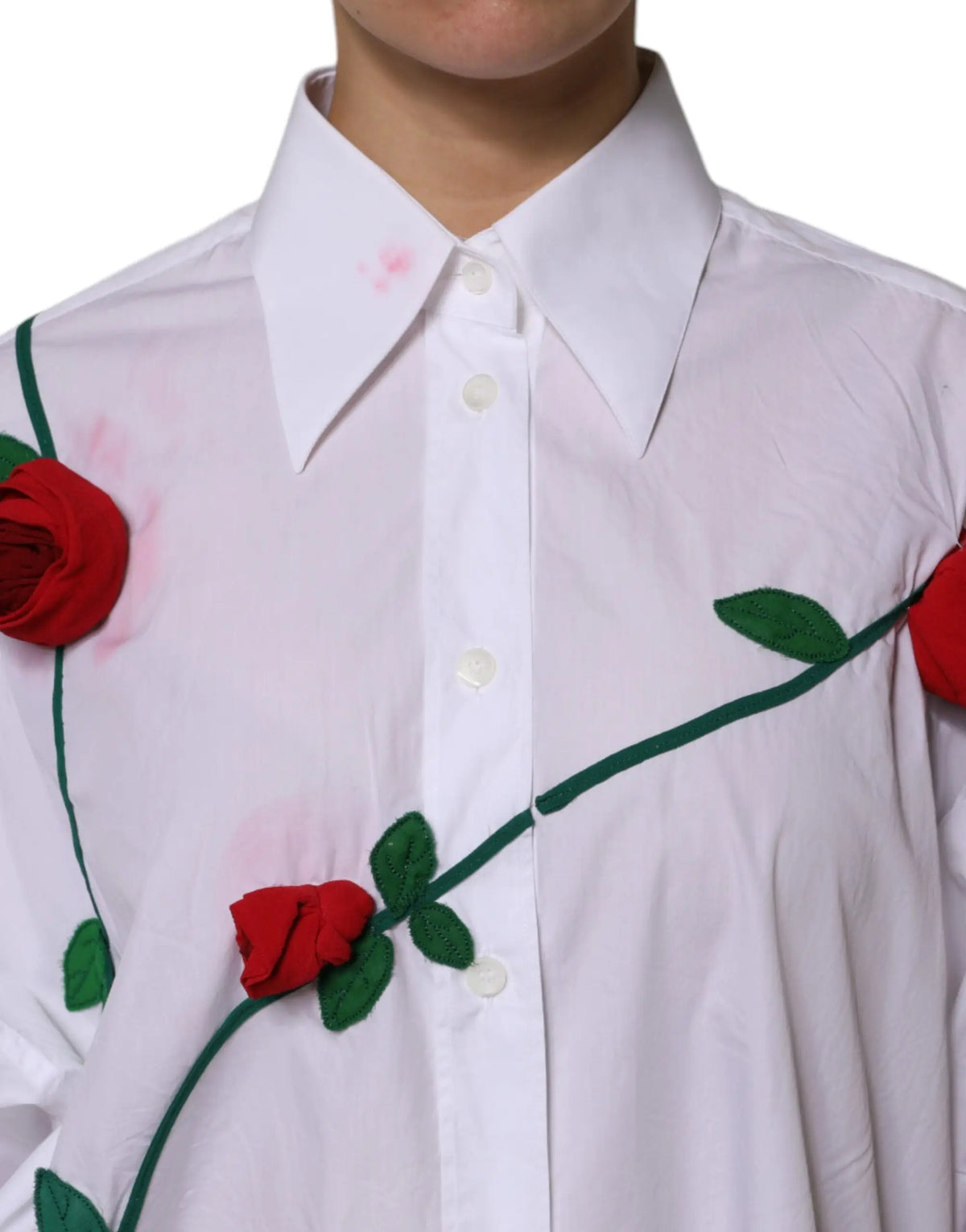 Chemise blanche dolce & gabbana en coton avec appliques florales rouges et tiges vertes brodées