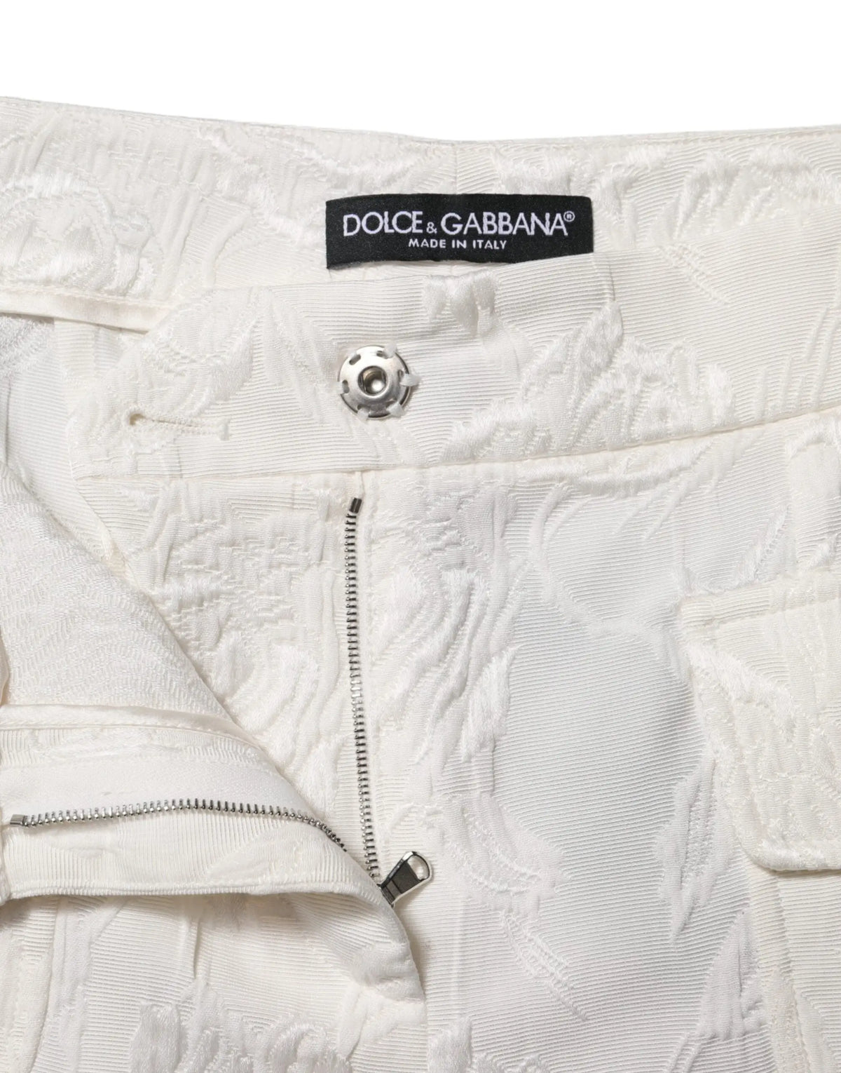 Pantalon dolce et gabbana blanc en coton jacquard floral avec motif brodé et bouton métallique