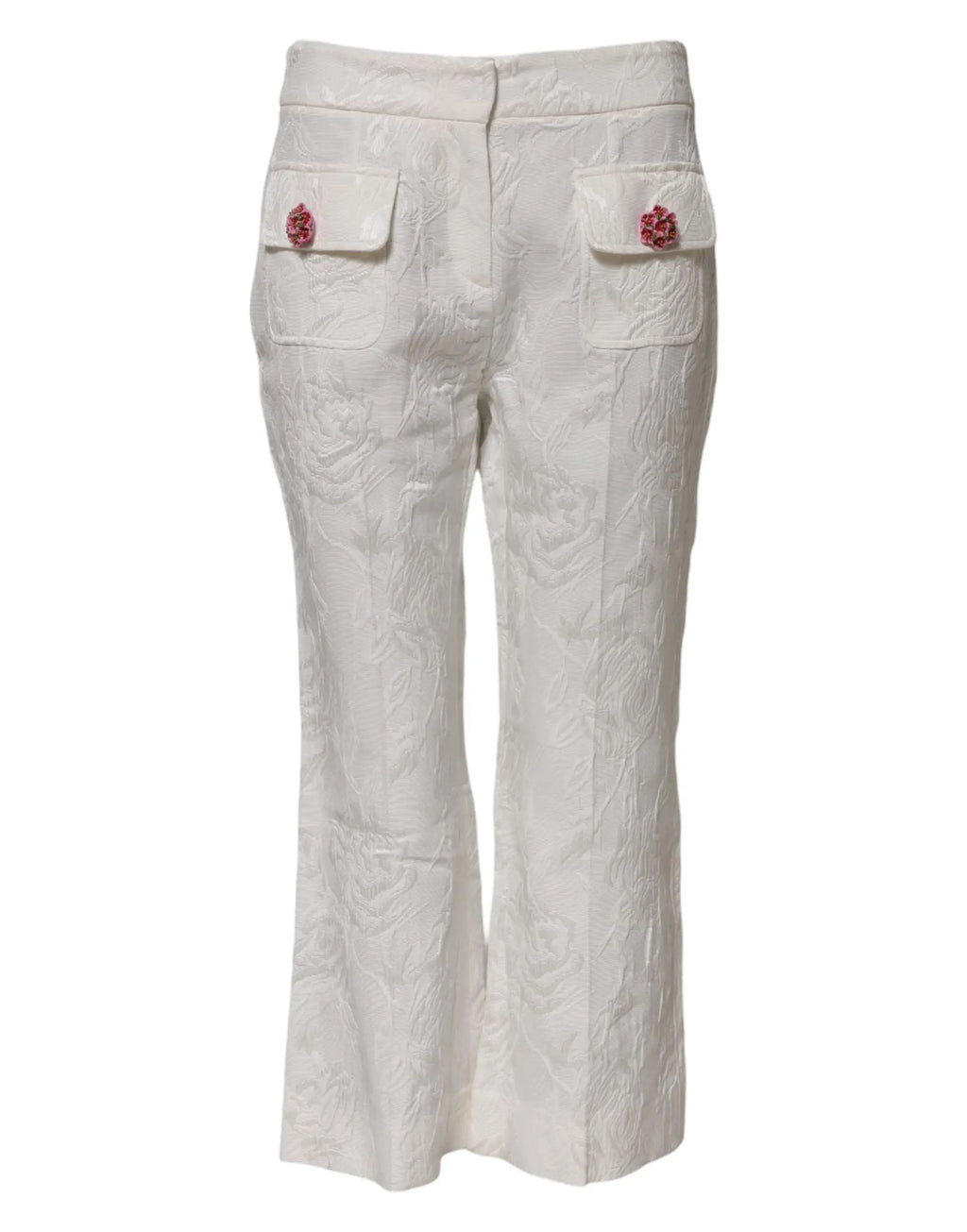 Pantalon blanc en coton dolce gabbana jacquard floral avec broderie et boutons roses en forme de rose sur les poches