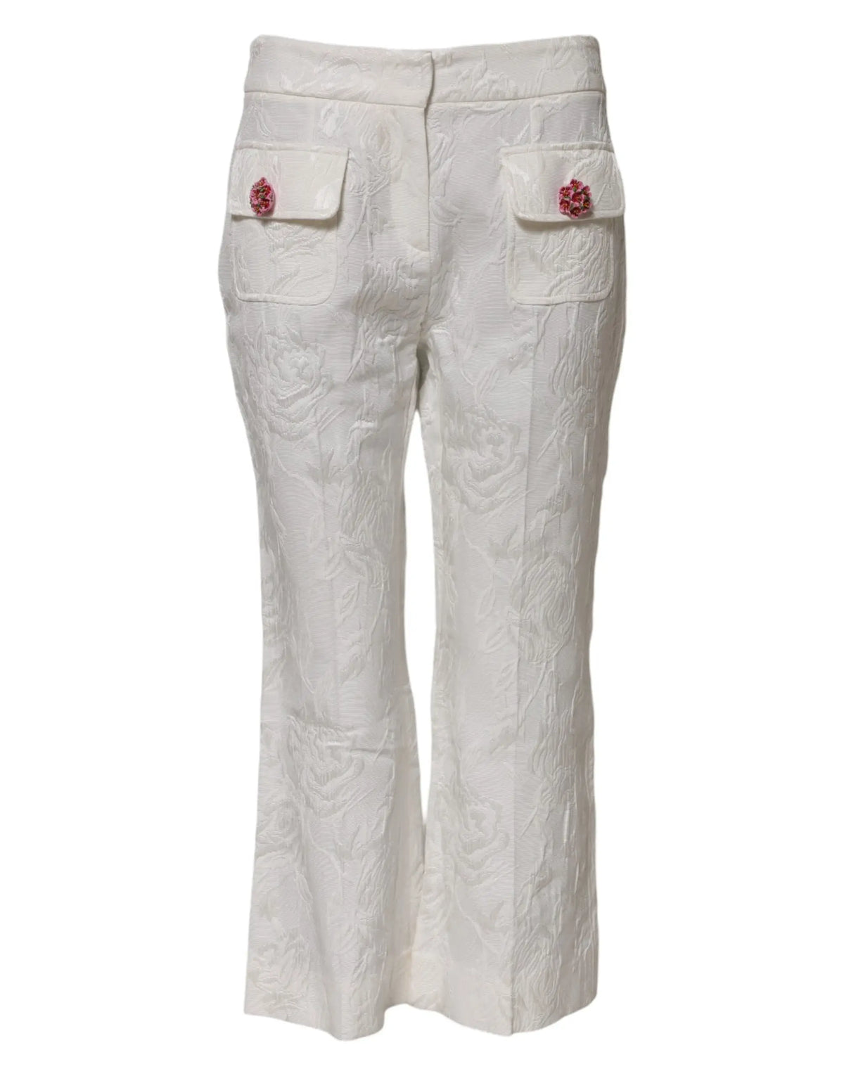 Pantalon blanc en coton dolce & gabbana avec broderie florale et boutons en forme de rose rose sur les poches avant