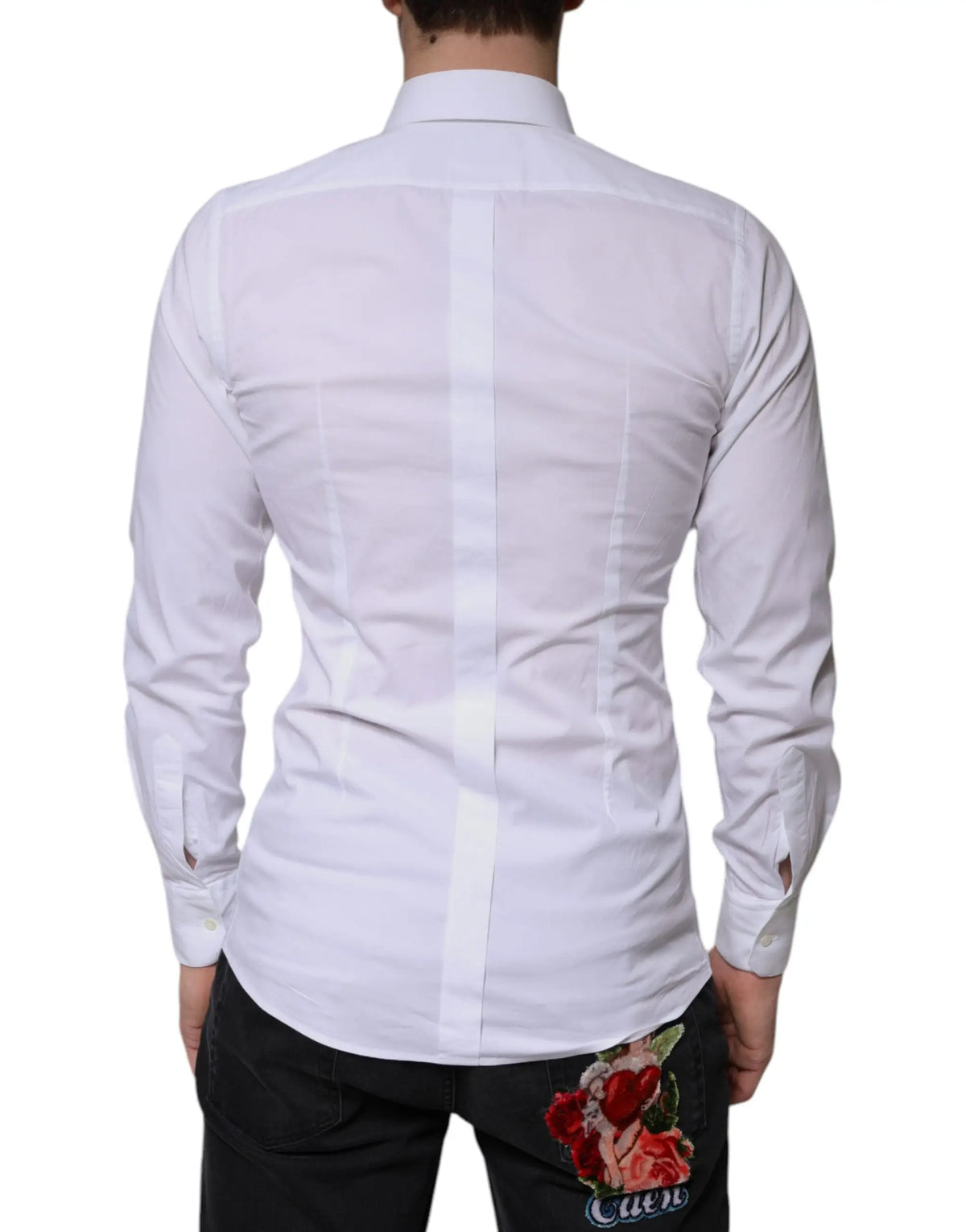 Chemise formelle pour homme dolce gabbana blanche en coton avec couture centrale verticale et broderie florale au dos