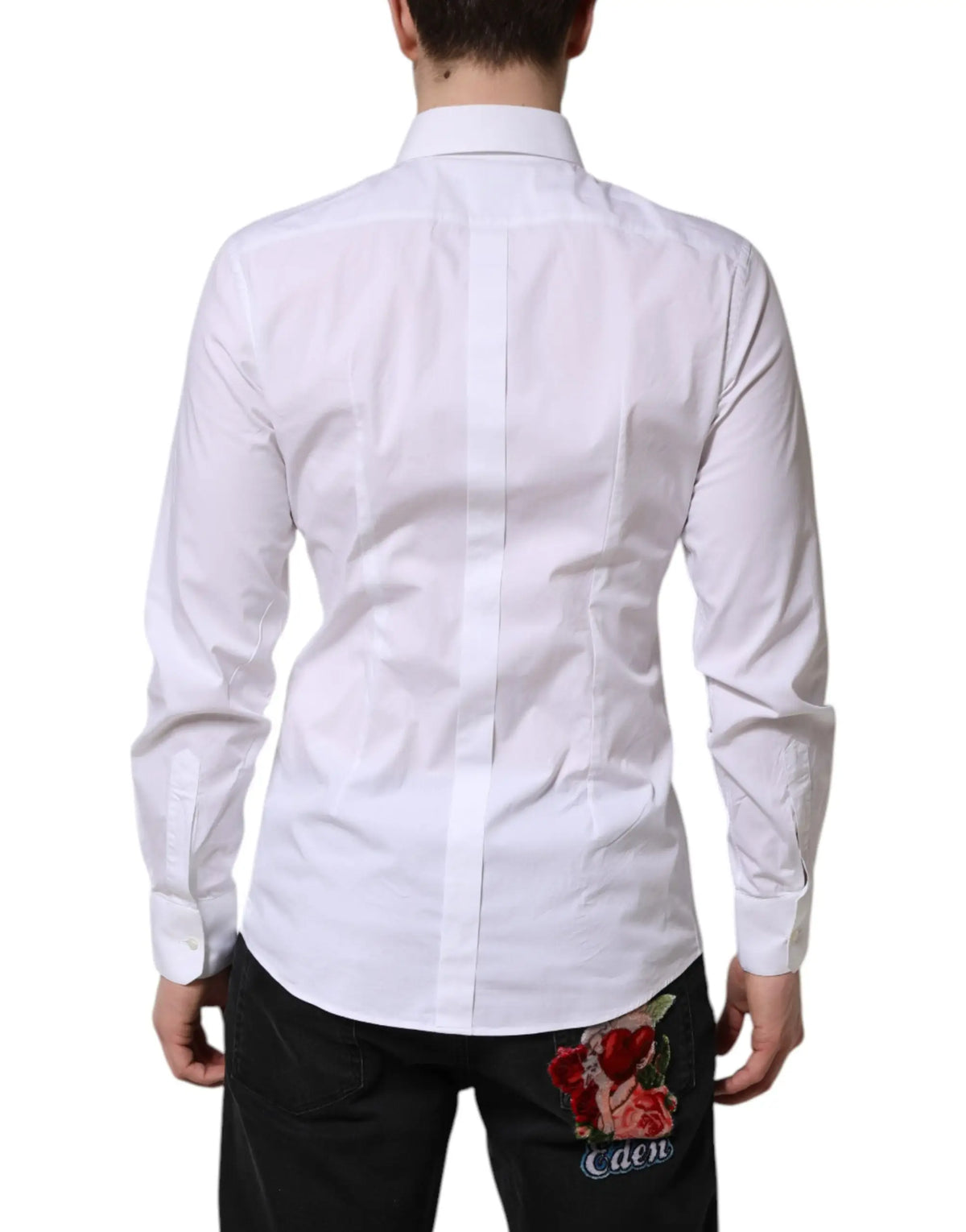 Dolce & gabbana chemise à manches longues en coton blanc avec broderie rose rouge et cœur au dos