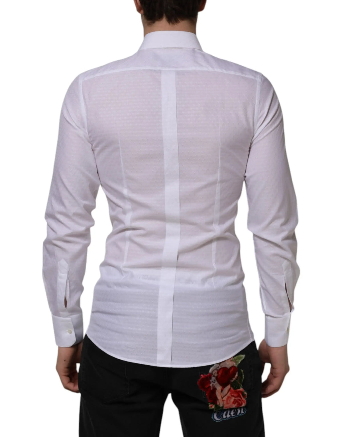 Chemise formelle blanche dolce gabbana en coton à manches longues avec tissage texturé et patch rose brodé au dos