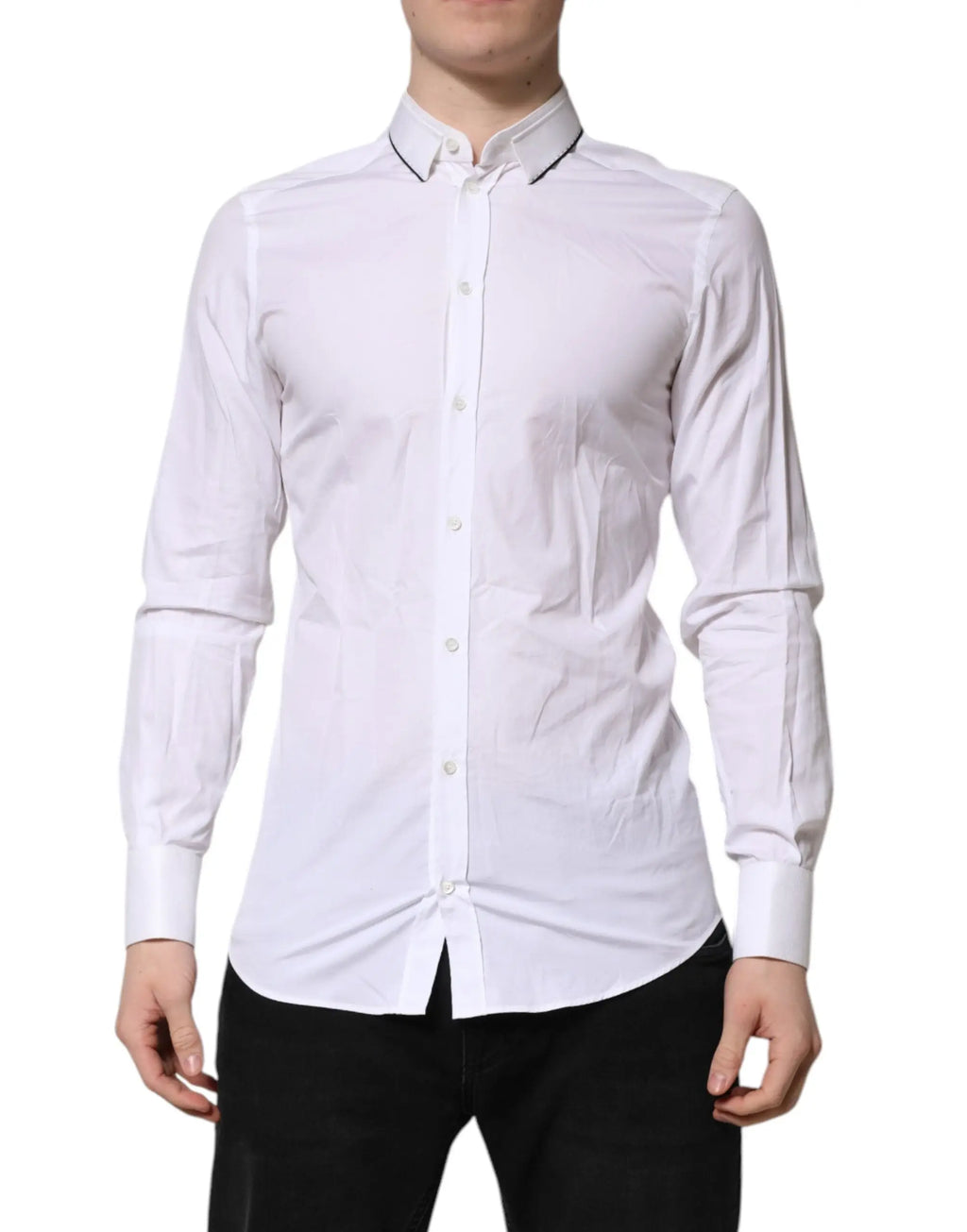 Chemise formelle blanche pour hommes dolce gabbana en coton avec col et poignets ornés dun fin liseré noir