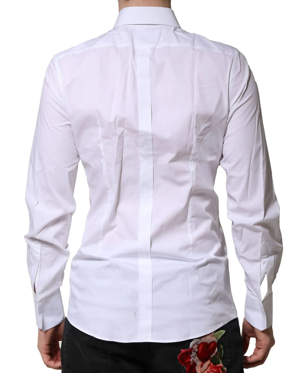 Chemise blanche en coton dolce gabana manches longues avec couture centrale et broderie fleurie rouge côté droit