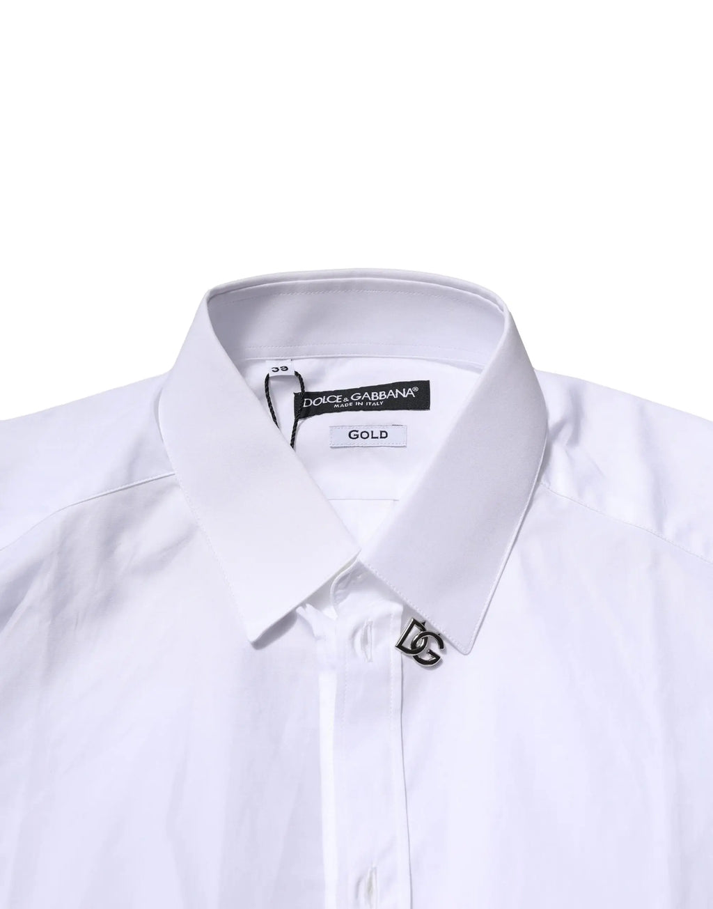Chemise homme blanche dolce gabbana en coton avec col net et broche logo dg dorée manches longues formelle