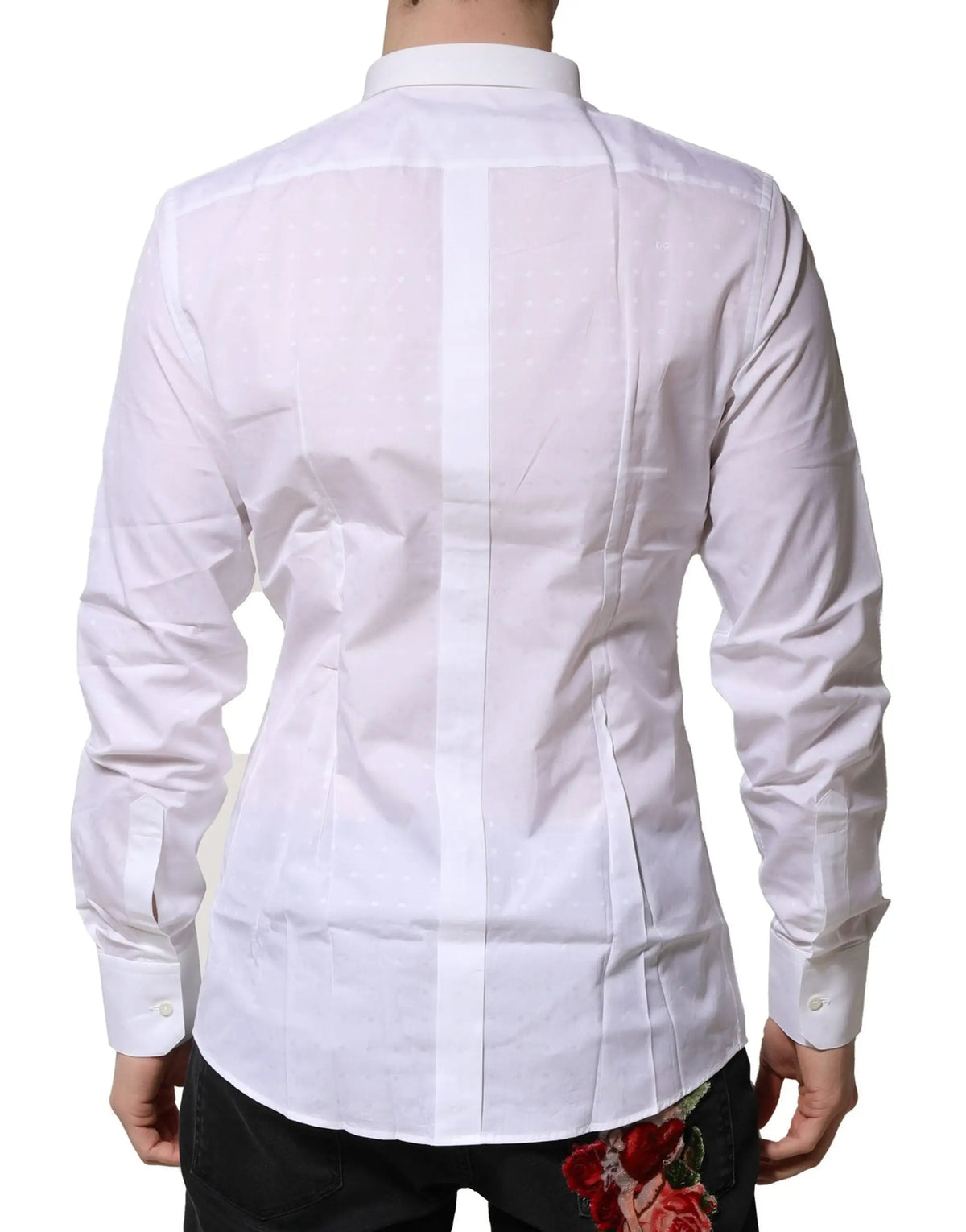 Chemise formelle blanche en coton dolce gabbana à manches longues avec broderies de roses rouges et texture subtile