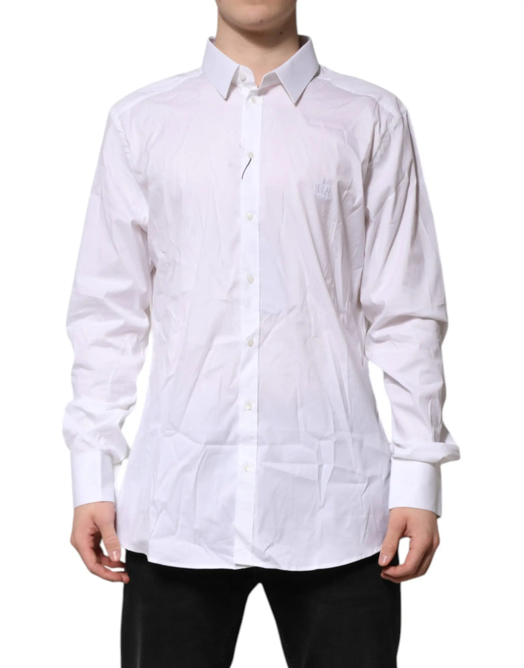 Dolce & gabbana chemise formelle blanche en coton à manches longues avec logo brodé subtil sur la poitrine